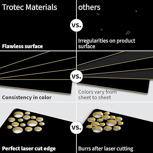 Trotec TroLase | 12"x12"x1/16, 8 Pcs | Gloss Black/Gold | 2 Ply | Modified Acrylic | Laser Engraving Double Color Plastic Sheet | Engraving Blanks for Laser, Saw, Guillotine | Made in USA