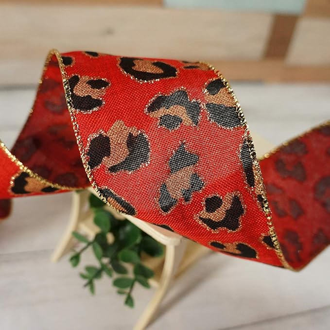 CT CRAFT LLC Burlap Leopard Fabric Wired Ribbon 2.5" x 10 Yards Red with Black and Gold Color for Christmas Home Wedding Decor Gift Wrapping Tree Topper Bow Wreath Bouquet DIY Crafts