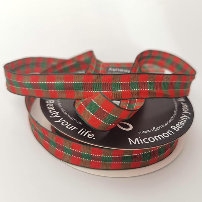 Micomon Christmas Ribbon Gingham Checkered Ribbon 25 Yards Plaid Ribbon for Christmas Crafts, Gift Wrapping(5/8",RedGreenSilver)