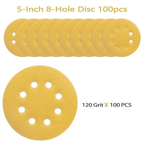 100PCS 5 Inch 8 Hole Sanding Discs 120 Grit,Gold Round Hook and Loop Sandpaper for Random Orbital Sander