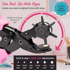 Precision Leather Hole Punch Tool, Best for Belts, Fabric, Leather (Up to 5mm Thick), Multi-Size Puncher for DIY, Craft & Home Projects, Comfortable for Smaller Hands with Reduced Handle Spread, Pink
