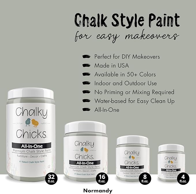 Chalky Chicks All-in-One Chalk Paint for Furniture or Cabinet - 8 Fl Oz - Matte Finish Normandy (Light Gray) for Metal, Wood Furniture Paint - No Sanding All-in-One for Home Decor & Crafts, USA Made