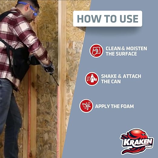 KRAKEN BOND Drywall & Panel Adhesive Foam - (1x24oz) Heavy-Duty, Fast-Curing Construction Adhesive for Concrete, Wood, and Heat Insulation Applications - Gun&Gun Cleaner Set