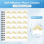 GOONAVI 10 Sheets 240 PCS Shiny Gold Acid-Free Photo Corners Notebook, Self-Adhesive Photo Corners for DIY Photo Album Journal, Photo Corner Stickers for Trip Journal Memory Book