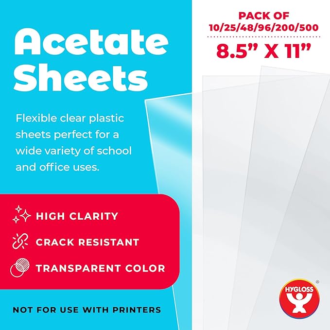 Hygloss 8.5" x 11" Acetate Paper - 7 Mil Clear Acetate Sheets for Crafts Projects, Classroom Stencil Sheets, Overhead Transparency Sheets for Projector, Clear Plastic Sheet (Not for Printers) 200 Pack