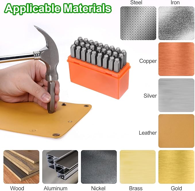 HARFINGTON 36pcs Metal Stamping Kit 1/8" (3mm) Steel Uppercase Letter and Number Punch Set (A-Z / 0-8 / "&" Symbol) Punch Press Tool with Case for Imprinting Metal Plastic Wood Leather