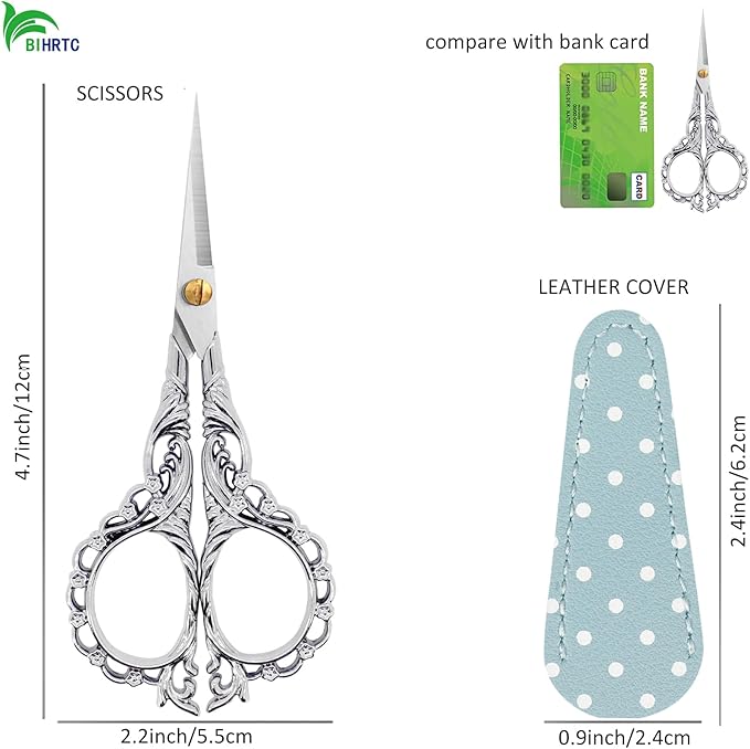 BIHRTC 4.5Inch Sewing Embroidery Scissors Professional Grade Shears with Artificial Leather Cover Stainless Steel Scissors for Office Craft Cross Stitch Needlework DIY Tools Knitting