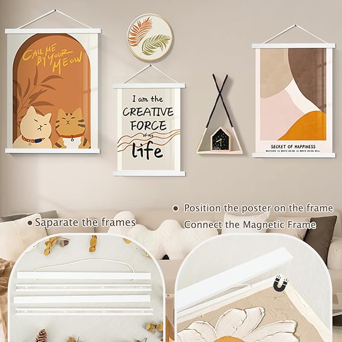 Artmag Magnetic Poster Hanger Frame, 39x27 39x13 39x22 Light Wood Wooden Magnet Canvas Artwork Print Poster Hangers Frames Hanging Kit (White, 39")