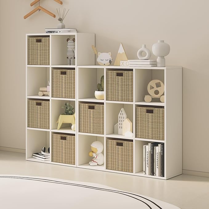 Wood Cube Storage Organizer Closet Cabinet for Living Room Bedroom Study Shelf Bookcase Wooden Floor Standing Open Bookshelf for Kids Home Office Display Storage Cabinet (White, 9-Cube, 11.81in)