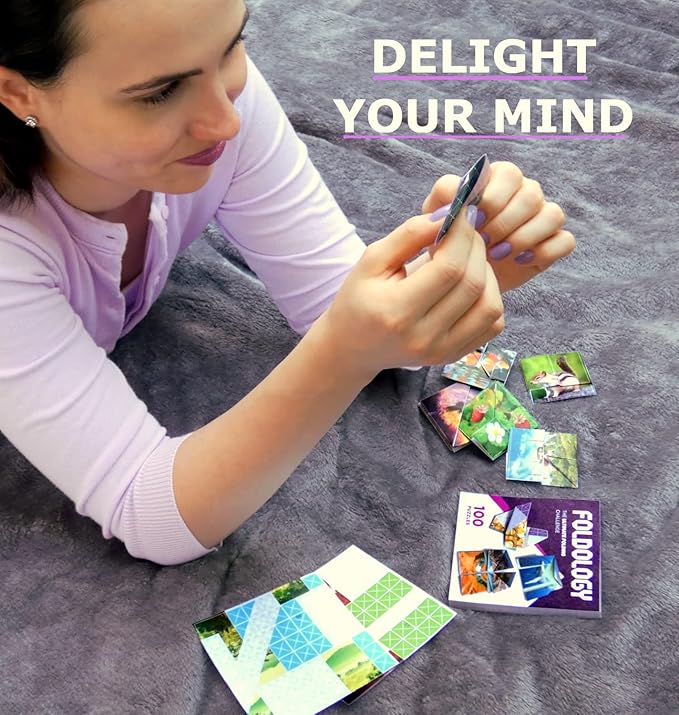 FOLDOLOGY - The Origami Puzzle Game! Brain Teasers for Tweens, Teens & Adults | Travel Game, Hands-On STEM Toy, Stocking Stuffer, Gift for Ages 10+ | Fold the Paper, Complete the Picture | 100 Puzzles