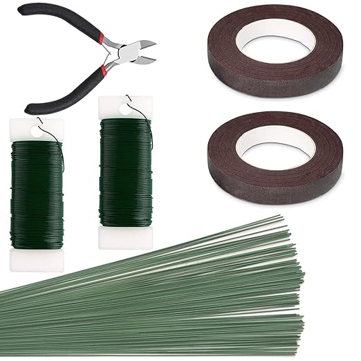 SONGZIMING Floral Arrangement Kit with Brown Floral Tape, 22 Gauge Floral Wire Stems, 26 Gauge Paddle Floral Wire and Floral Wire Cutter for Bouquets banquets, Artificial Flowers