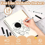 18 Pcs Line Washable Markers Bulk Black Fine Tip Markers Set Coloring Thin Tip Drawing Washable Pen for Kids Art School Classroom Back to School Gender Reveal Party Supplies, Ages 6+