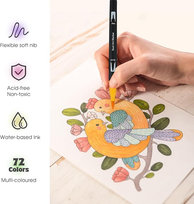 72 Colors Dual Tip Markers Set, Water-Based Ink Brush & Chisel Double Tipped Art Markers for Kids Adults Beginners & Artists in Sketching, Coloring, Note-taking
