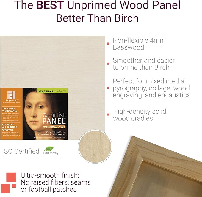 Ampersand Art Supply Unprimed Basswood Artist Panel, 1-1/2" Cradled Profile, 14"x18"