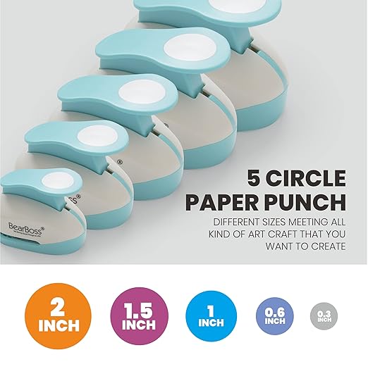 BearBoss 5 Circle Paper Punch, Handmade Scrapbook Paper Puncher, Different Size of Scrapbooking Punches Crafting Designs for Office Supplies, Card Making, DIY Albums Photos, Classic White