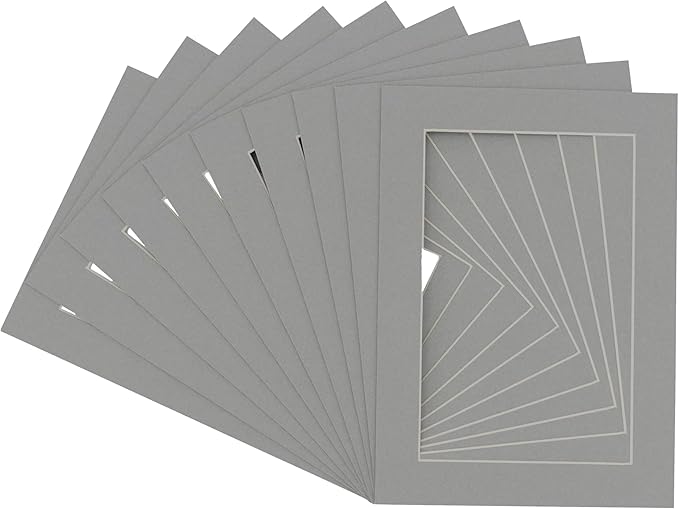 Pack of TEN 8x10 Mats Bevel Cut for 5x8 Photos - Acid Free Mid Grey Precut Matboards For Pictures, Photos, Framing - 4-ply Thickness