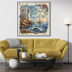 Moohue 14ct Counted Cross Stitch Kits for Adults Seaside Tower Boat Printed Stamped Cross Stitch Patterns Kits Cross Stitch Supplies (Seaside Tower Boat)