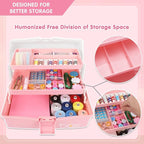 12in Three-Layer Multipurpose Storage Box Organizer Folding Tool Box/Art & Crafts Case/Sewing Supplies Organizer/Medicine Box/Family First Aid Box with 2 Trays (White Pink)