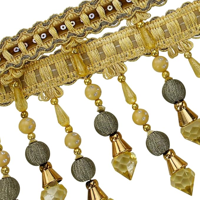 3yards Beading Fringe Trimming Long Beads Tassel Curtain Trim Ribbon Trim for Cover Edge Decorative (Gold)
