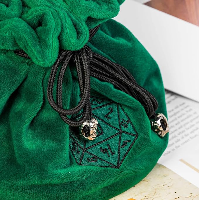Large Dice Bags D&D with Pockets Green Storage Bag D20 Logo for DND RPG Game Dices (with 1lb Random DND Dice)