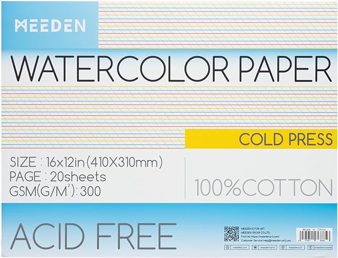 MEEDEN Watercolor Paper Block - 100% Cotton Watercolor Paper Pad of 20 Sheets, 140lb/300gsm, Acid-Free Art Paper for Watercolor, Gouache, Ink and More, 16" x 12" Cold Press