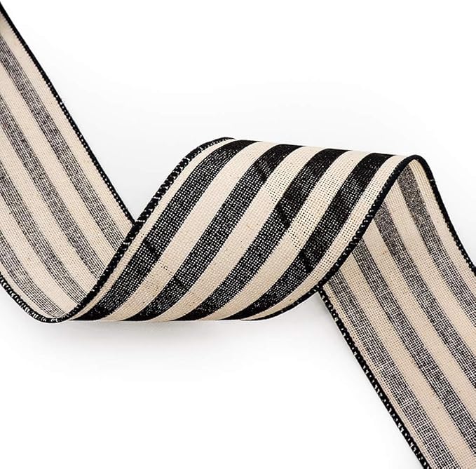 CT CRAFT LLC Striped Canvas Cotton Ribbon 2.5" x 50 Yards Ivory/Black Stripes for Thanksgiving Christmas Home Décor Gift Wrapping Outdoor Tree Topper Bow Wreath