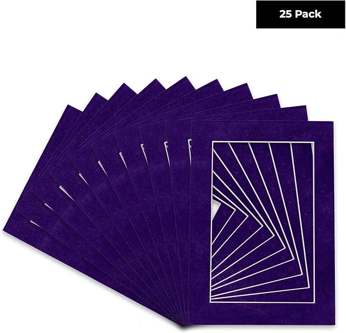 Pack of 25 Acid Free 8x10 Mats Bevel Cut for 5.5x8.5 Photos - Purple Crocus Suede Precut Matboards With Backing Boards and Clear Photo Mat Bags For Pictures, Photos, Framing - 4-ply Thickness
