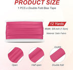 MECCANIXITY Double Fold Bias Tape for Sewing 5/8 Inch x 12 Yards Satin Pre-fold Continuous Binding Tape for Seaming Quilting Hemming Binding DIY Crafts, Rose Red