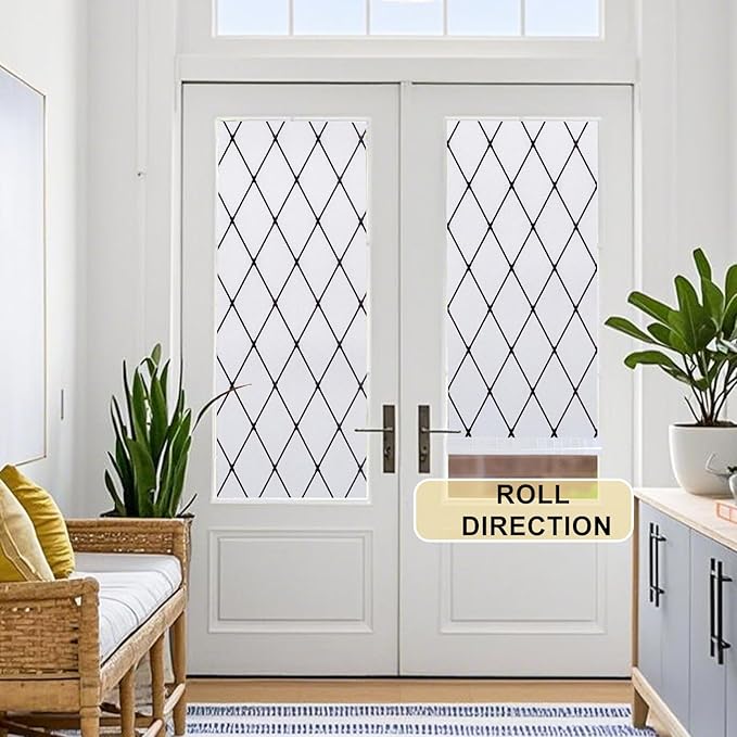 Window Privacy Film Decorative for Front Door, Bathroom Static Cling Stained Glass Sticker Opaque Heat Control UV Blocking Non-Adhesive for Home,Black Grid 35.4 x 78.7 inches