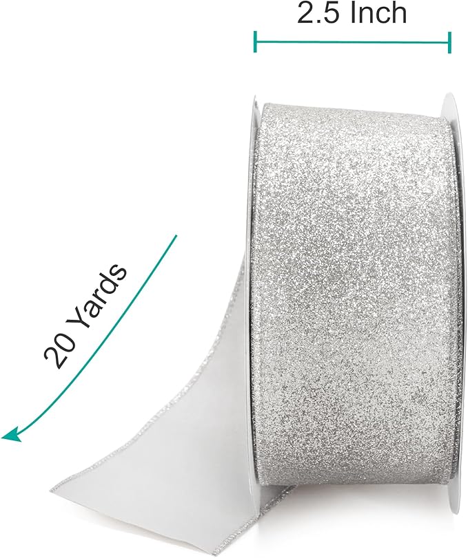 CT CRAFT LLC Glitter Wired Ribbon 2.5" x 20 Yards Silver for Christmas Home Decor Bow Gift Wrapping DIY Crafts Wreath