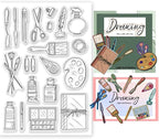 Painting Tools Clear Stamp for Scrapbooking Paint Brush Silicone Clear Stamp Pen Spatula Palette Rubber Transparent Seal Stamps for DIY Handbook Card Making Photo Album Journal Decoration
