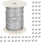 Picture Hanging Wire, Plastic-Coated Stainless Steel Wire with 50pcs Aluminum Crimping Loop Sleeve for Hanging Photo Frame Artwork Mirror Bird Feeder String Light Plant Climbing (1.5mm x 98Feet)