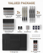 Nicpro 35PCS Art Mechanical Pencil Set, 3 PCS Metal Drafting Pencil 0.5 mm & 0.7 mm & 0.9 mm & 3 PCS 2mm Lead Holder (6B 4B 2B HB 2H 4H Colors) For Sketching Drawing With 20 Tube Lead Refills Case