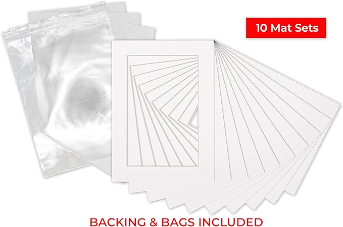 5.5x8.5 Mat for 8.5x11 Frame - Precut Mat Board Acid-Free Show Kit with Backing Board, and Clear Bags White 5.5x8.5 Photo Matte Made to Fit a 8.5x11 Picture Frame Matboard for Framing, Pack of 10 Mats