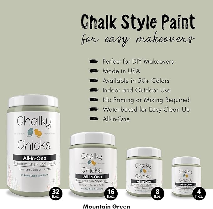 Chalky Chicks All-in-One Chalk Paint for Furniture or Cabinet -4Fl Oz-Matte Finish Mountain Green (Sage Green) for Metal, Wood Furniture Paint - No Sanding All-in-One for Home Decor & Crafts, USA Made