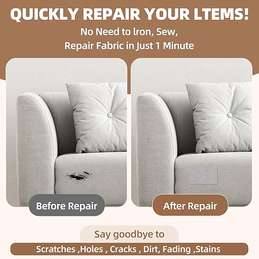 Fabric Repair Patch, 17X158 Inch Fabric Large Repair Tape, Self-Adhesive Patches for Furniture, Sofa, Car Interior, Shoes, Hand Bag, Clothing (Brown, 17X158 Inch)