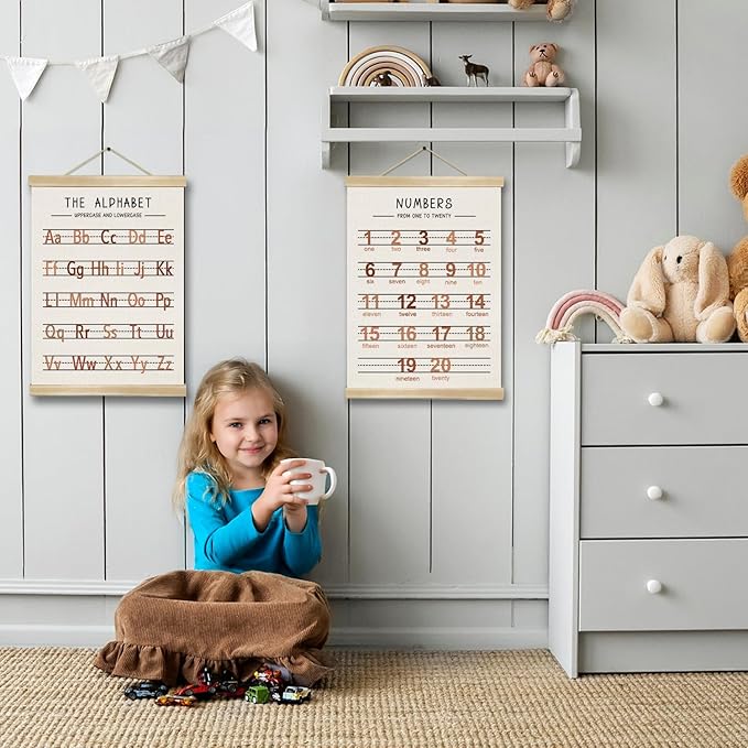 Alphabet and Numbers Wall Chart Set of 2 ,Kids Educational Posters,ABC and 1-20 Number Learning Banners for Toddlers, Preschool Classroom, Homeschool, Nursery, Playroom Decor 14 x 18.5 Inch (Brown)