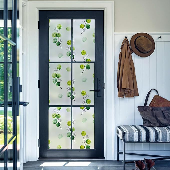 DKTIE Eucalyptus Leaves Stained Glass Window Film with Installation Tools, INS Style Window Privacy Film Decorative, Nordic Style for Home Decor (S541, 17.7'' x 118.1'')