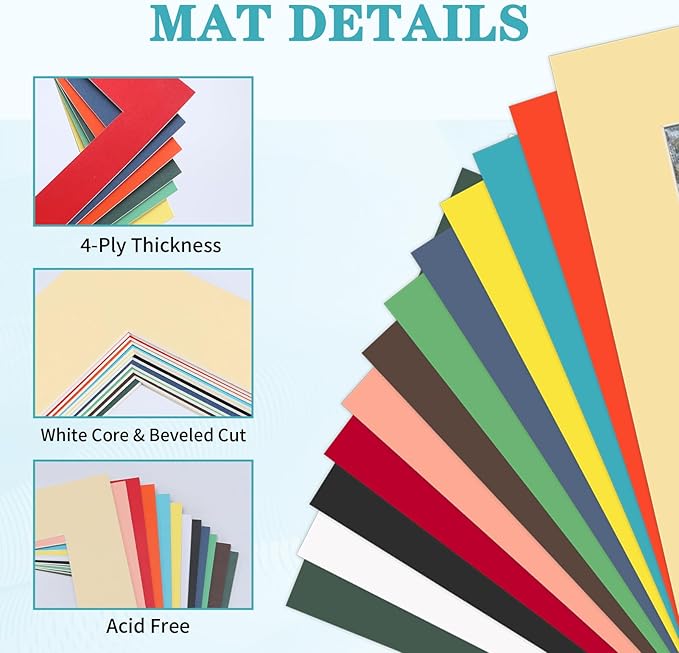 ZBEIVAN 12 Packs Mixed Colors 8x10 Picture Frame Mats for 5x7 Photos, Artworks and Prints, White Core Bevel Cut Frame Mattes
