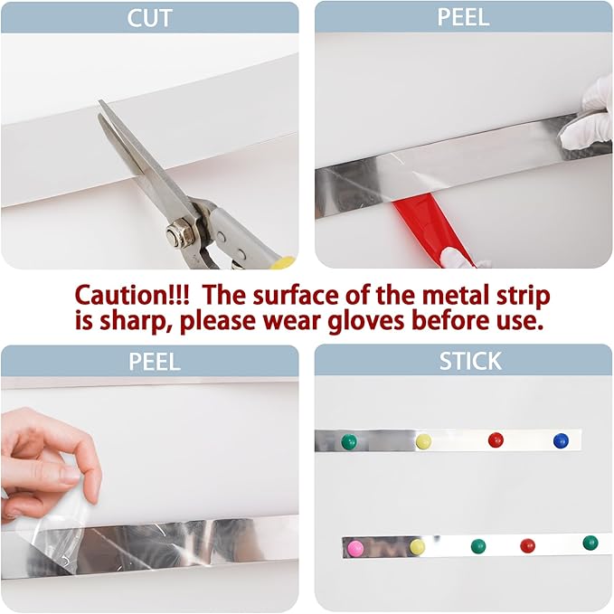 6Pcs 15''L x 1.97''W Frameless Magnetic Bulletin Strip with 48pcs Magnets, Self Adhesive Backing Stainless Iron Bar Memo Board for School, Home, Office