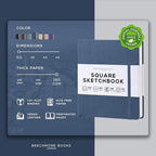 Beechmore Books Square Sketchbook – 8x8 Premium Vegan Leather Bound Large Sketch Book Hardcover with 156 Thick 160gsm Perforated Ivory Pages, Blank Sketch Pad, Gift Boxed Back Pocket, Ribbon Bookmark