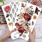 GLOBLELAND 4 Sheets Vintage Peony Flowers Transfer 11.8x5.9inch Flower Background Rub on Transfer Rose Self-Adhesive Wall Art Decals for Bedroom Living Room Desk Table Decoration