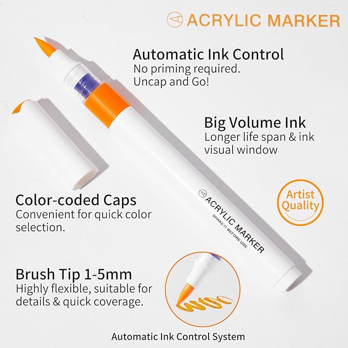 ROSYMENG 9 Metallic Color Acrylic Paint Pens,Quick-Drying Waterproof Acrylic Paint Markers, Soft Brush Tip Acrylic Markers for Canvas, Rock Painting, Wood, Stone, Glass, Ceramic, Fabric Painting