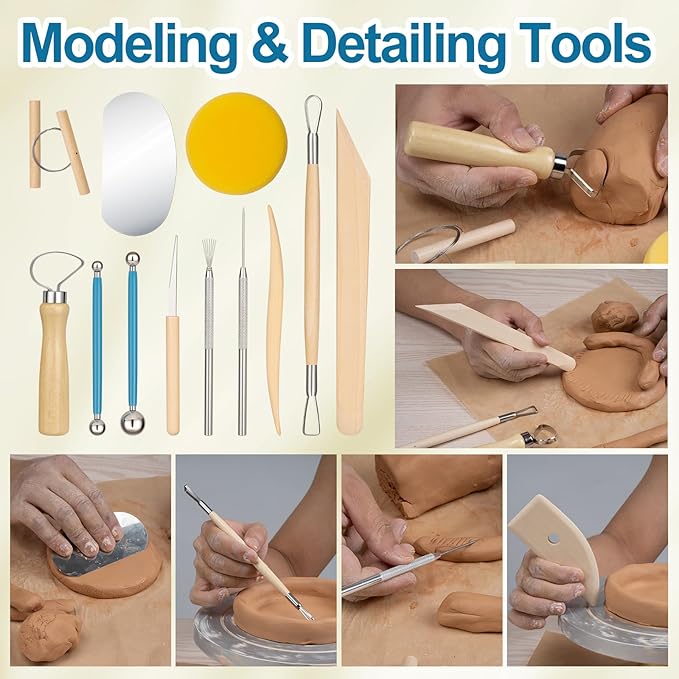 Amrules Clay Tools Kit, 12 PCS Pottery Tools, Practical Polymer Sculpting Tool Kit, Air Dry Clay Tool Set Suitable for Adults, Pottery Craft, Dotting, Drawing, Modeling, Shaping