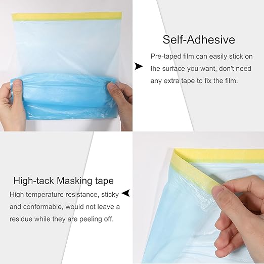 uxcell Pre-Taped Masking Film, 3.6ft x 66ft Plastic Paint Drop Cloth with Medium-Tack Painters Tape for Painting Spraying Protection Blue Film 6Pcs