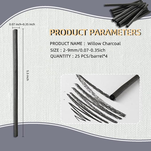 100 PCS Willow Charcoal Sticks, Ideal for Artists, Beginners, Students, Perfect for Sketching, Drawing, Shading, and Fine Art, 5.7 Inches Long, 2-4*25,4-5*25,5-7*25,7-9*25 (2-4,4-5,5-7,7-9)