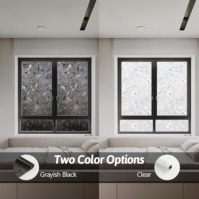 NINETREX Window Privacy Film,Decorative Window Film Frosted,Stained Glass Window Cling,Heat Blocker Non-Adhesive for Home,Grayish Black 17.5 x 157.4inch