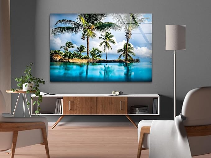 My Photostation.com 35.5Wx30H'' Island & Blue Sea Glass Wall ArtTempered Glass Printing Wall Decor Large Wall Art Wall Hangings