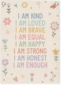 Affirmations Wall Hanging Art for Kids, Flower Wall Art I Am Kind Linen Canvas Banner, Girls Room Decor, Kid's Bedroom, Affirmations Wall Banner, Inspirational Nursery Decor 18x25 Inch