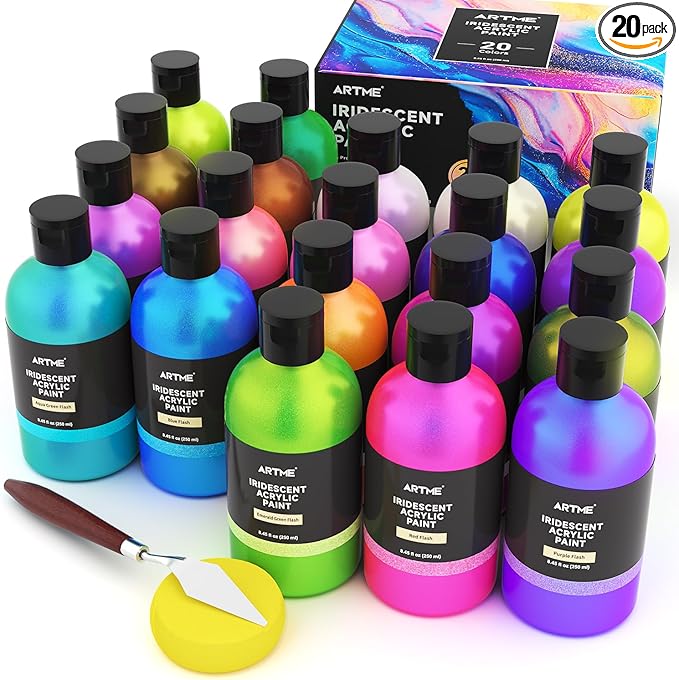 ARTME Iridescent Acrylic Paint Set, 20 Chameleon Colors in 8.45 oz/250ml Bottles, Large Bulk Color-shifting Acrylic Paint Perfect for Artists, Beginners on Canvas, Rocks, Wood, Fabric with Paint Knife